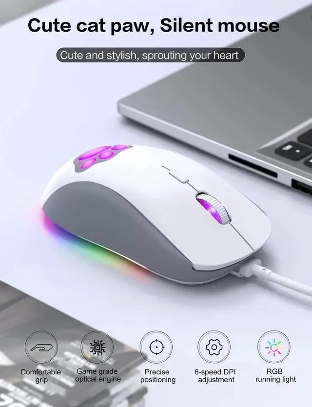 Alt view image 2 of 6 - Cat Paw RGB Gaming Mouse, Silent Optical Computer Mice USB Wired Gaming Mouse with 6 Adjustable DPI Up to 7200, RGB Lighting, 6 Programmable Buttons for Windows/Vista/Linux (White)