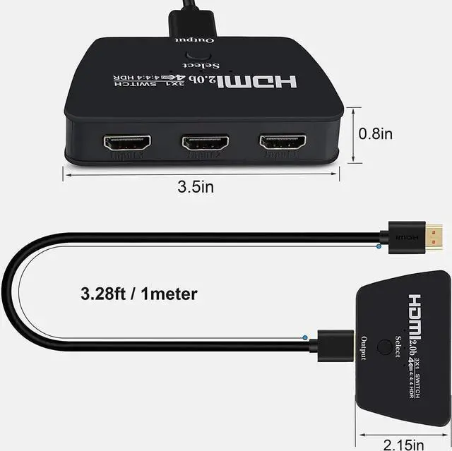 Alt view image 7 of 7 - 4K@60Hz HDMI Switchwith 3.9FT HDMI Cable, HDMI Switch 3 in 1 Out, 3-Port HDMI Switcher Selector, Supports 4K, 3D, HDCP2.2, HDMI2.0, HDR, for Fire Stick 4K, HDTV, PS4/5, Game Consoles, PC