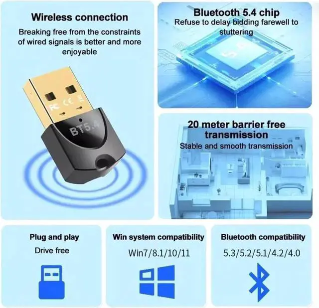 Alt view image 2 of 7 - Bluetooth 5.4 Adapter for PC, Bluetooth 5.4 EDR USB Bluetooth Adapter, Bluetooth Wireless Transmitter for Laptop, Headphones, Keyboard, Mouse, Bluetooth Stereo, Plug and Play, Windows 11/10/8.1