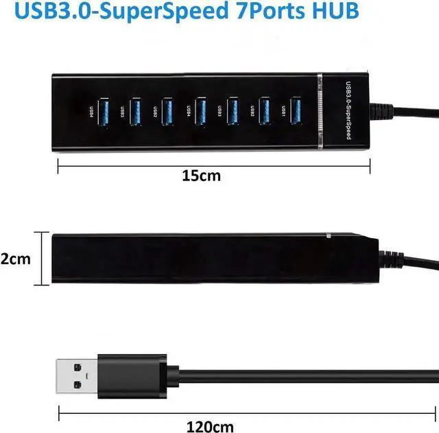 Alt view image 4 of 7 - USB HUB 3.0, 7 Port USB HUB Splitter with LED Light and 1.2m Long Cable for Laptop,PC, Mac, Surface Pro and More USB Devices (Black)