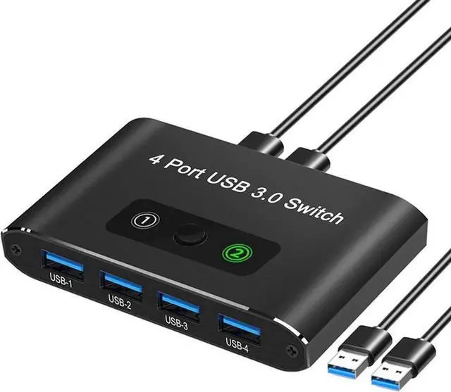 Main image of 2 in 4 Out USB Switch, USB 3.0 Switch, Aluminum KM Switch 2 Computers Sharing 4 USB Devices KM Switches 5V USB-C Powered for PC Printer Scanner Mouse Keyboard with 2 USB 3.0 Cable, One Button Switch
