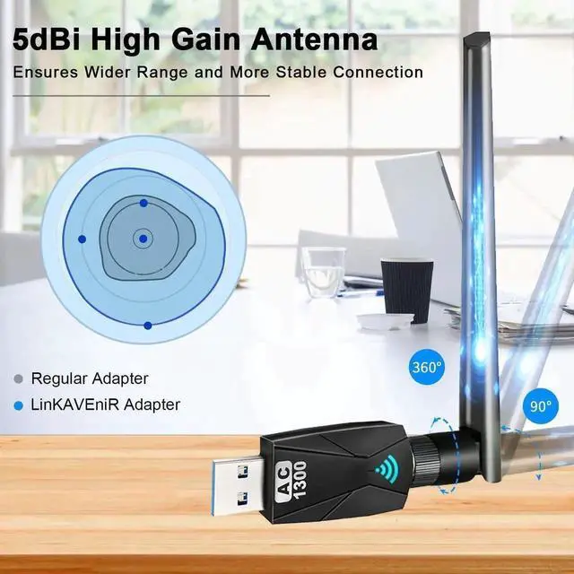 Alt view image 5 of 7 - 1300Mbps WiFi Dongle for PC: 5.8G/2.4G Dual Band USB WiFi Adapter for Desktop PC, USB 3.0 PC WiFi Adapter, 802.11ac WiFi USB, 5dBi WiFi Antenna USB WiFi Dongle for Windows XP/Vista/10/8/7/Mac/Linux