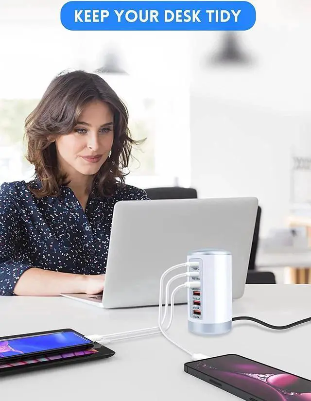 Alt view image 6 of 7 - USB C Charging Station with 6 Ports, 65W PD & QC Multiport USB Desktop Charger Fast Charging Hub for iPhone 13/13pro Max 12/12 Mini/12Pro/12 Pro Max/11/11 Pro iPad AirPod,Tablets, Smartphones