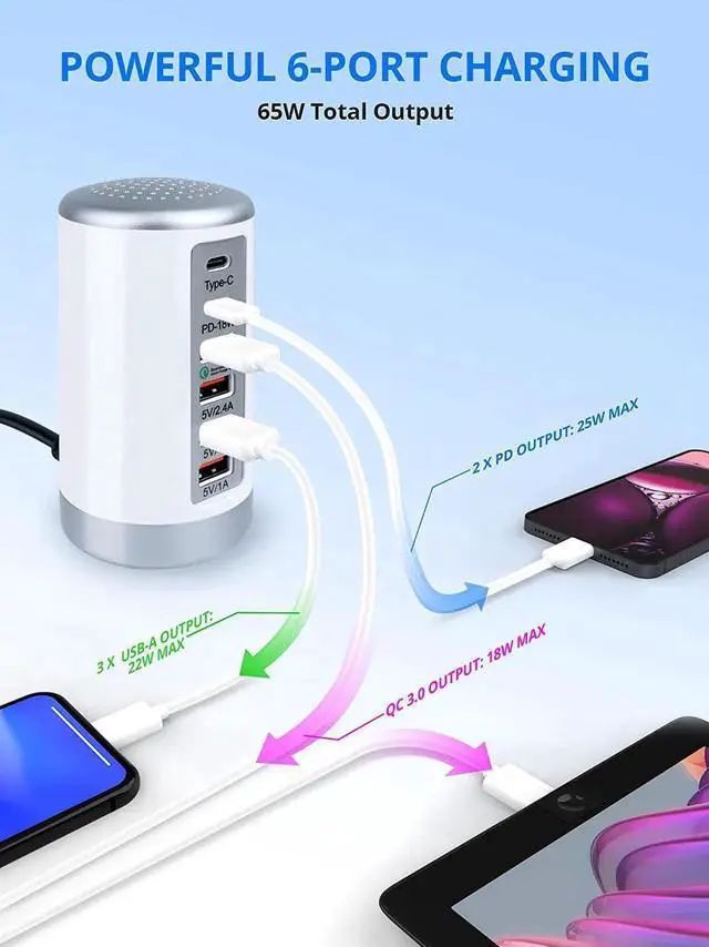 Alt view image 7 of 7 - USB C Charging Station with 6 Ports, 65W PD & QC Multiport USB Desktop Charger Fast Charging Hub for iPhone 13/13pro Max 12/12 Mini/12Pro/12 Pro Max/11/11 Pro iPad AirPod,Tablets, Smartphones