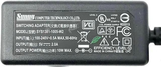 Main image of Genuine Sun-ny SYS1381-1005-W2 AC Adapter 5V 2A 10W Switching Power Adapter