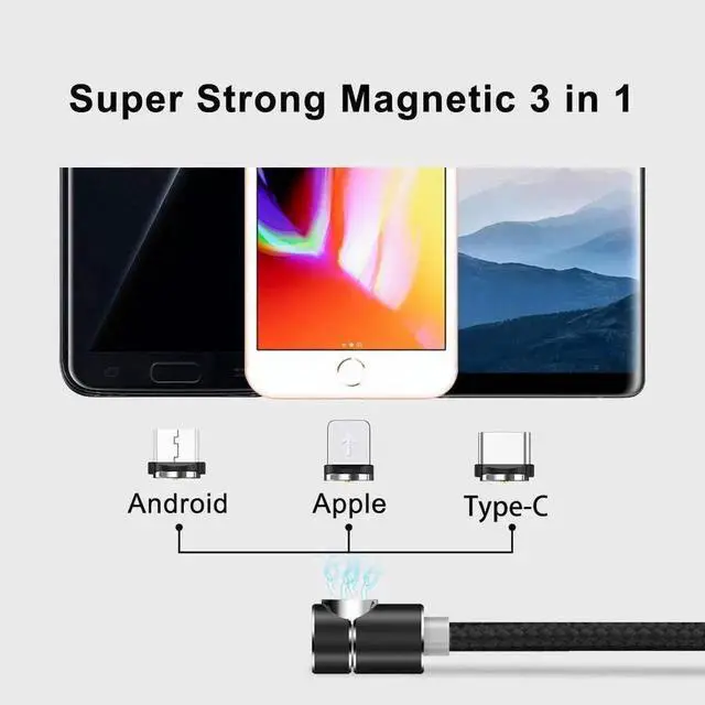 Alt view image 7 of 7 - 6.6ft 90 Degree Magnetic 3 in 1 Charging Cable USB Charger Cable Micro USB/Type C/L Connectors Magnetic Led Indicator for All Cell Phones Universa Charger Cable Multiple Charger Cable (Black)