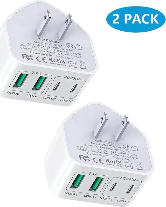 Main image of 40W USB C Wall Charger Blocks, [2-Pack] Flat Type C Charger Plug,Multiport Fast Charging Brick PD Power Adapter Compatible for i-Phone, Android Smartphones, Tablets, i-Pad, A-ir-Pods and More