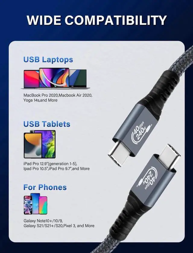 Alt view image 7 of 7 - [Upgraded] USB4 Cable Compatible with Thunderbolt 4/3 Cable 1M / 3.3 ft, Supports 240W Charging / 8K Display / 40Gbps Data Transfer USB C to USB C USB 4 Cable, for Type-C Latops, Hub, Docking and More