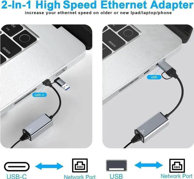Alt view image 2 of 7 - [USB & Type-C] USB to Ethernet Adapter, USB C to Ethernet RJ45 Adapter,10/100/1000M Gigabit Ethernet LAN Network Adapter for Notebook Laptop UC164, Galaxy S21/S20, i-Mac, XPS, MacOS