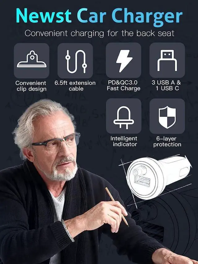 Main image of USB C Car Charger, 74W Fast Car Phone Charger PD & QC 3.0 Car Charger with 6.5ft Cable for Back Seat Charging, 4 Multi Ports Cigarette Lighter Adapter Car Charger for Smartphones, Tablet PC..