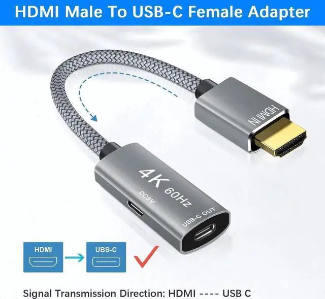 Alt view image 4 of 7 - HDMI Male to USB-C Female Cable Adapter with USB-C Power Cable Type C 3.1 (Display) to HDMI (Source) Converter 4K 60Hz Thunderbolt 3 Adapter for New MacBook Pro Mac Surface Xreal Air Rokid