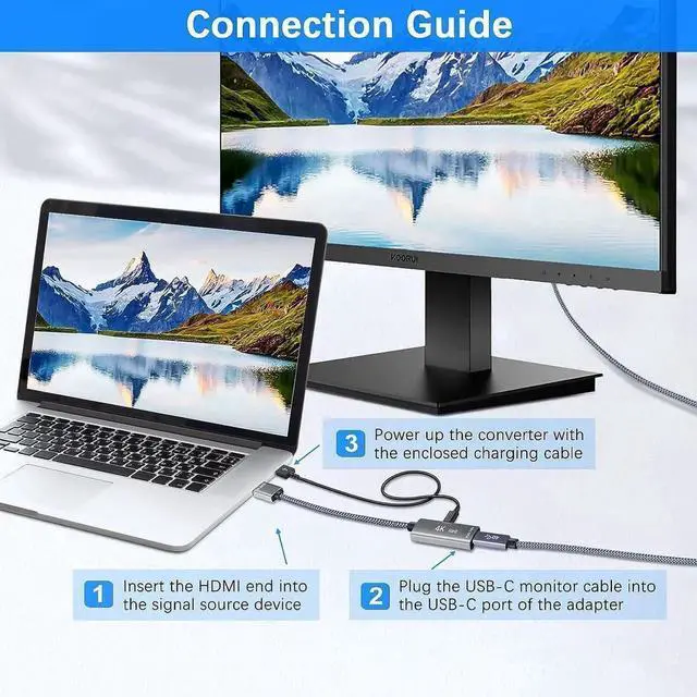 Alt view image 7 of 7 - HDMI Male to USB-C Female Cable Adapter with USB-C Power Cable Type C 3.1 (Display) to HDMI (Source) Converter 4K 60Hz Thunderbolt 3 Adapter for New MacBook Pro Mac Surface Xreal Air Rokid