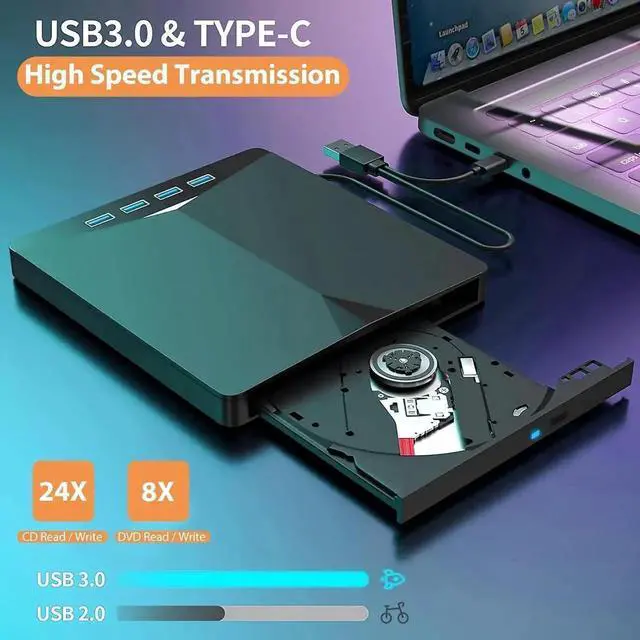 Alt view image 3 of 7 - External CD/DVD Drive for Laptop, 7-in-1 USB 3.0 DVD Player, Portable CD/DVD Burner, CD-ROM External DVD Drive with 4 Ports USB Hub, SD/TF Card Reader, Compatible with Windows 11/10/8/7, Linux, Mac OS