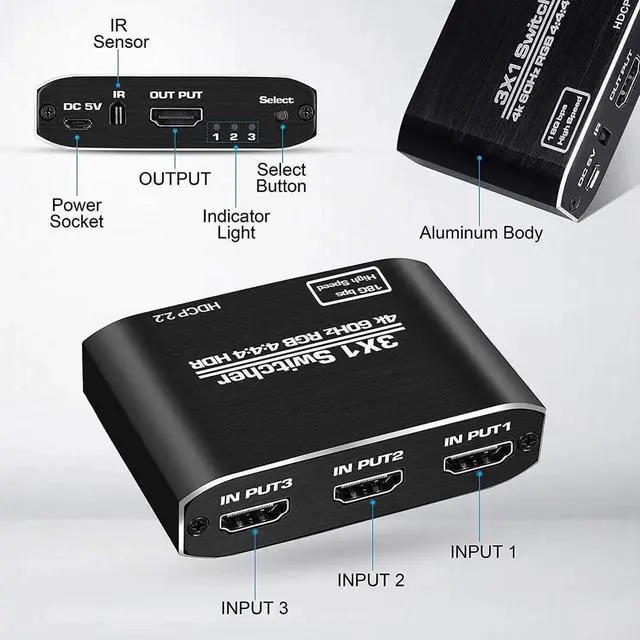 Alt view image 7 of 7 - 4K@60Hz HDMI Switch,4K HDMI Switcher 3 Port, 3X1HDMI Auto Switch 3X1 Selector with IR Remote for Xbox,PS5,PS4,UHD TV, Support 4K@60Hz, HDR, 2k,1080P @ 60Hz, 3D, HDCP 1.4 and Dolby-True HD/DTS