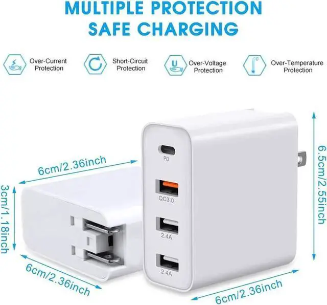 Main image of USB C Charger, 48W 4 Ports Fast Charging PD Wall Chargers Quick Charge 3.0, Multi Port USB-C Travel Adapter for SamsungS10/S9/S8/Plus, iPhone Xs/Max/XR/iPhone11, Mainstream Models, Fully Compatible