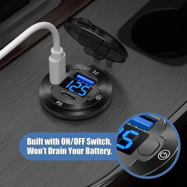 Alt view image 7 of 7 - 12V USB Car Socket Round USB C 12V Outlet, 3-Port Marine USB Fast Charger Waterproof Cigarette Outlet USB Replacement Aluminum with Switch & Voltmeter, Suitable for Boat Golf Cart RV Motorcycle Truck
