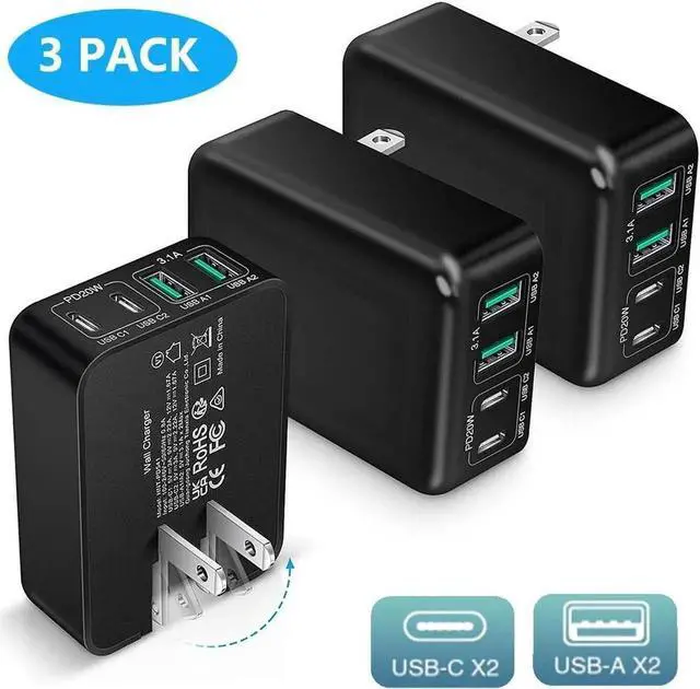 Main image of AUTYUE 3-Pack USB C Wall Charger Block, Flat USB C Charger, 40W 4-Port PD QC 3.0 Slim Fast Charging Block with Foldable Plug Type C Power Adapter Brick for i-Phone, Android Cell Phones, Tablet etc.