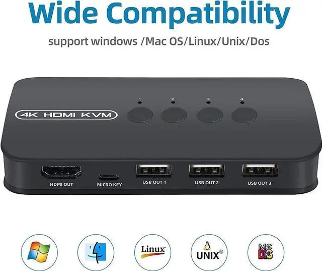 Main image of 4 Ports HDMI KVM Switch, HDMI USB Selector for 4 Computers Share Keyboard Mouse Printer and One HD 4K@30Hz Monitor, Including 4 KVM Cables
