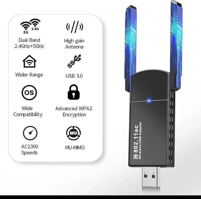 Alt view image 3 of 7 - USB WiFi Adapter 1300Mbps 5dBi Dual Band 2.4Ghz/5GHz USB 3.0 WiFi Adapter for PC, 802.11AC WiFi Dongle for WIN7 8 10 11 XP MAC Linux, USB Computer Network Adapters