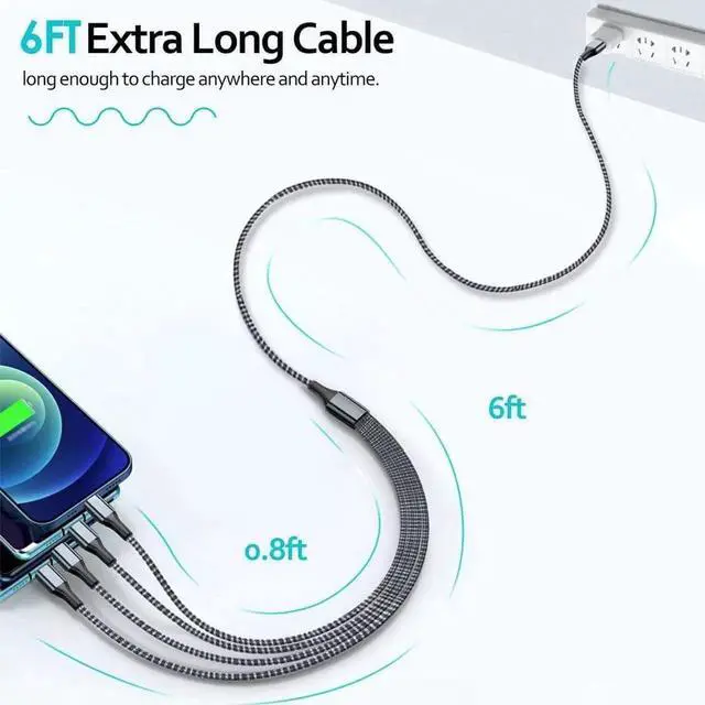 Alt view image 3 of 7 - Puxnoin Multi Charging Cable 6FT 2Pack Multi Charger Cable 4 in 1 Universal Multiple USB Cable Fast Charging Cord with Type-C, Micro USB Port for Most Cell Phone, Tablets