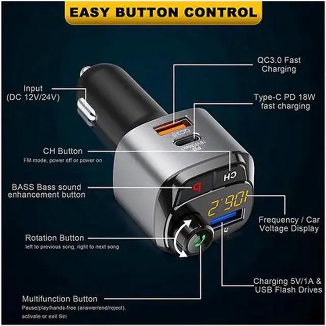 Alt view image 4 of 6 - Bluetooth 5.0 FM Transmitter for Car, QC3.0+Type-C PD 18W Wireless Bluetooth FM Radio Adapter Bass Sound Music Player FM Car Kit with Hands-free Calling and 3 USB Ports Charger Support USB Drive