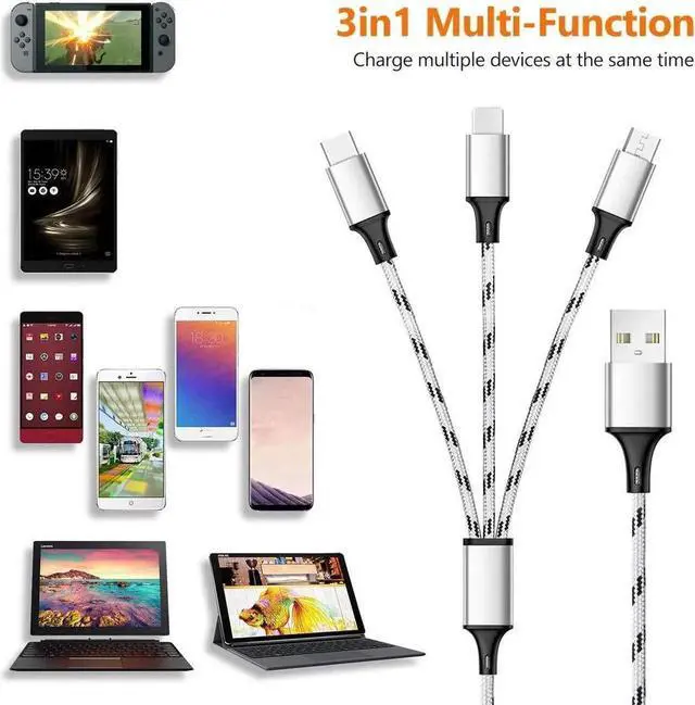 Alt view image 6 of 7 - Multi Charging Cable, 5ft 3Pack Multi Charger Cable Nylon Braided Multiple USB Universal 3 in 1 Charging Cord Adapter with Type-C, Micro USB Port Connectors for Cell Phones and More