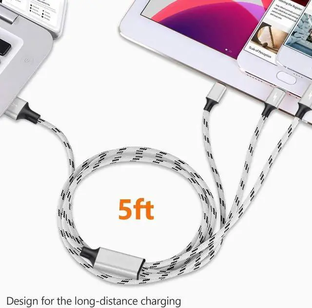 Alt view image 2 of 7 - Multi Charging Cable, 5ft 3Pack Multi Charger Cable Nylon Braided Multiple USB Universal 3 in 1 Charging Cord Adapter with Type-C, Micro USB Port Connectors for Cell Phones and More