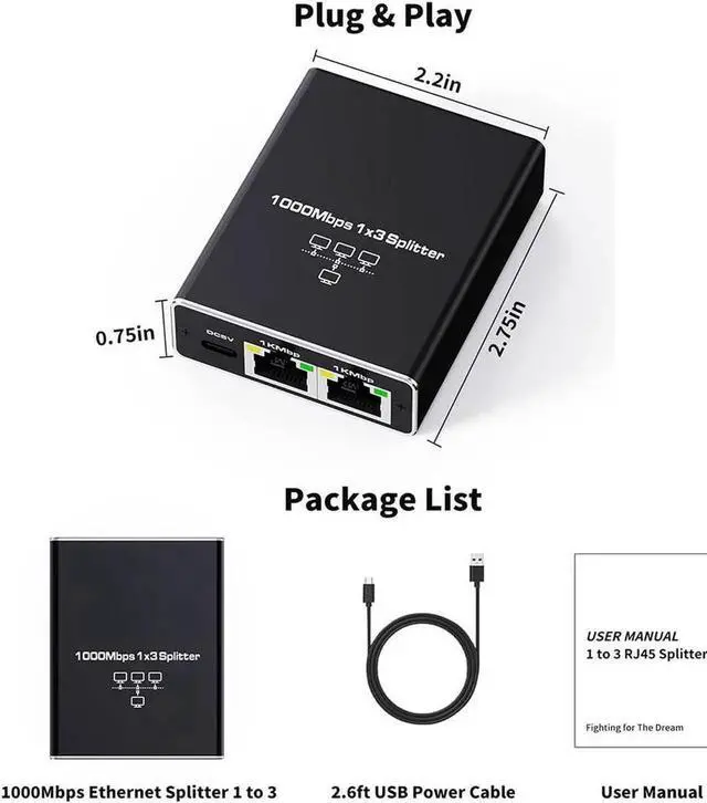 Alt view image 4 of 7 - Ethernet Splitter 1 to 3, Upgrade 1000Mbps High Speed Ethernet Cable Splitter 1 to 3 [3 Devices Simultaneous Networking], 1000Mbps RJ45 LAN Network Extension with USB Power Cable for Cat8/7/6 Cable