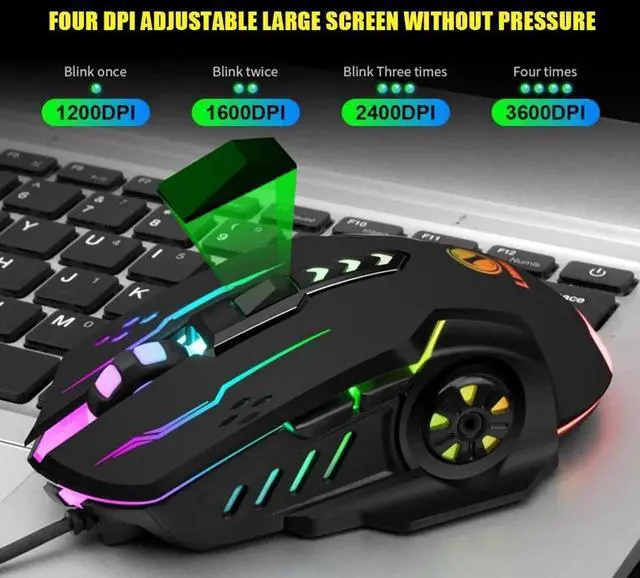 Alt view image 4 of 7 - 3600dpi USB Wired Gaming Mouse, 6 Buttons LED Backlit E-sports Gaming Mice, 6D Colorful LED Light Glowing Mouse for Laptop PC Computer Gamer