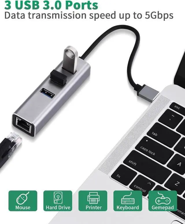 Alt view image 4 of 7 - USB 3.0 to RJ45 Ethernet Adapter 4 in 1 Multiport USB Hub with Gigabit Ethernet 1000Mbps RJ45 LAN Network Adapter Compatible and 3-Port USB3.0 Support Laptop PC Windows Linux MacOS, and More