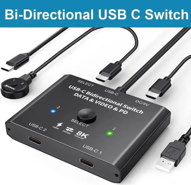 Main image of USB C Switch 2 in 1 Out or 1 in 2 Out, Bi-Directional USB Type C KVM Switch Support 8K @60Hz 4K @120Hz Video/10Gbps Data Transfer/100W Charging,Compatible with Thunderbolt Device