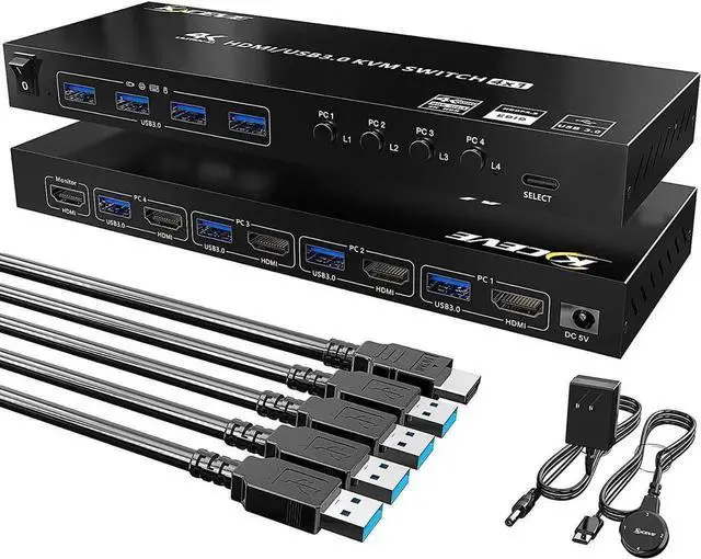 Main image of USB 3.0 HDMI KVM Switch 4 Port Support 4K @60Hz RGB 4:4:4, USB Hub HDR EDID HDMI USB Switch 4 in 1 Out and 4 USB 3.0 Port for Keyboard Mouse Printer, with Controller, USB 3.0 Cables and HDMI-Cable