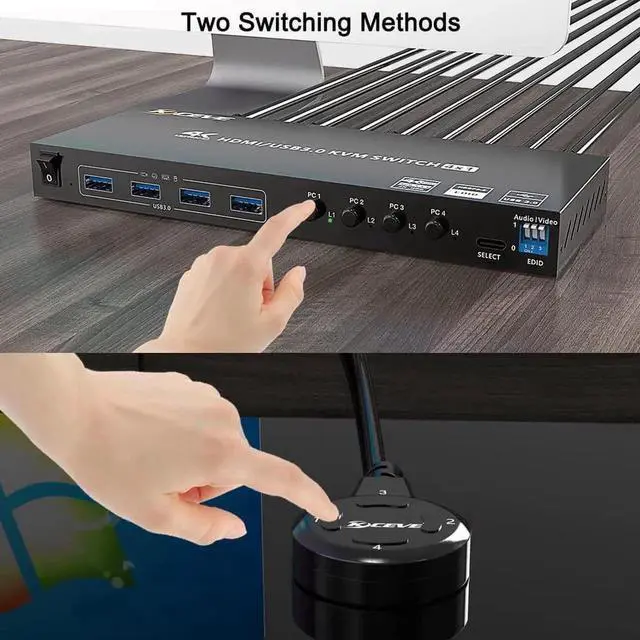 Alt view image 7 of 7 - USB 3.0 HDMI KVM Switch 4 Port Support 4K @60Hz RGB 4:4:4, USB Hub HDR EDID HDMI USB Switch 4 in 1 Out and 4 USB 3.0 Port for Keyboard Mouse Printer, with Controller, USB 3.0 Cables and HDMI-Cable