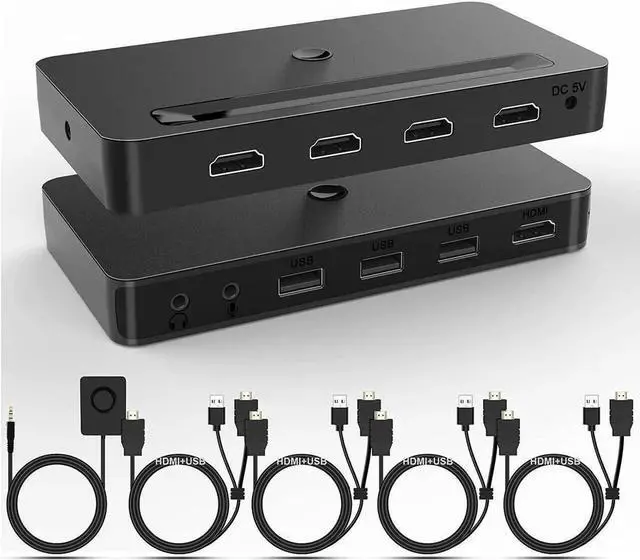 Main image of 4 Port KVM HDMI Switch with Audio Microphone and 3 x USB Hub - 4K @60Hz 4 in 1 Out HDMI USB Switch Supports Keyboard Mouse with USB+HDMI Combo Cables x4|USB Power Cable|Wire Remote Switch