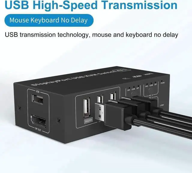 Alt view image 7 of 7 - 4 in 1 Out DisplayPort KVM Switch 4x1, 4 Port 4K @60Hz USB and DP Switch for 4 Computers Share Keyboard Mouse Printer Monitor for Laptop,PC, with 4X USB Cable,1x Switch Button Cable,1x Power Cable