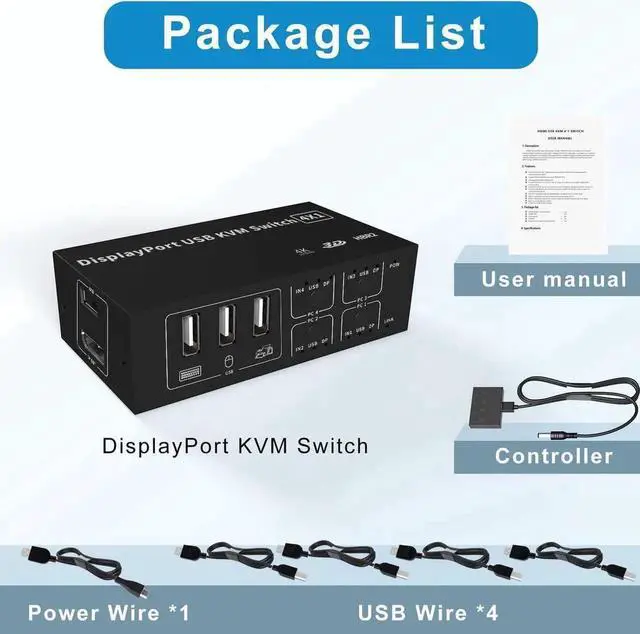 Alt view image 4 of 7 - 4 in 1 Out DisplayPort KVM Switch 4x1, 4 Port 4K @60Hz USB and DP Switch for 4 Computers Share Keyboard Mouse Printer Monitor for Laptop,PC, with 4X USB Cable,1x Switch Button Cable,1x Power Cable