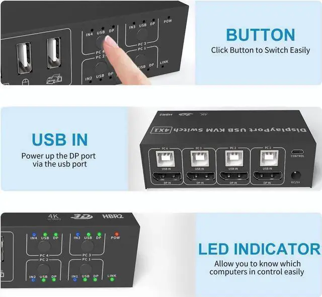 Alt view image 5 of 7 - 4 in 1 Out DisplayPort KVM Switch 4x1, 4 Port 4K @60Hz USB and DP Switch for 4 Computers Share Keyboard Mouse Printer Monitor for Laptop,PC, with 4X USB Cable,1x Switch Button Cable,1x Power Cable