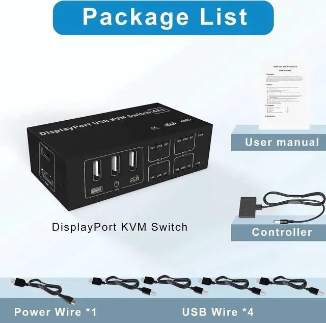 Main image of 4 in 1 Out DisplayPort KVM Switch 4x1, 4 Port 4K @60Hz USB and DP Switch for 4 Computers Share Keyboard Mouse Printer Monitor for Laptop,PC, with 4X USB Cable,1x Switch Button Cable,1x Power Cable