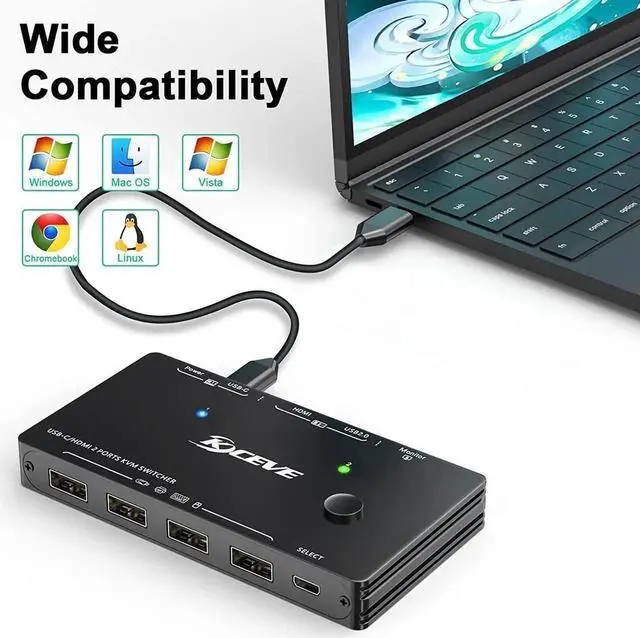 Main image of USB Type-C HDMI KVM Switch 4K@60Hz, USB C +HDMI Switch for 2 Computers Share 1 Monitor and 4 USB Devices,Compatible with Thunderbolt 3, with 100 W Power Delivery, Wired Remote and 3 Cables Included