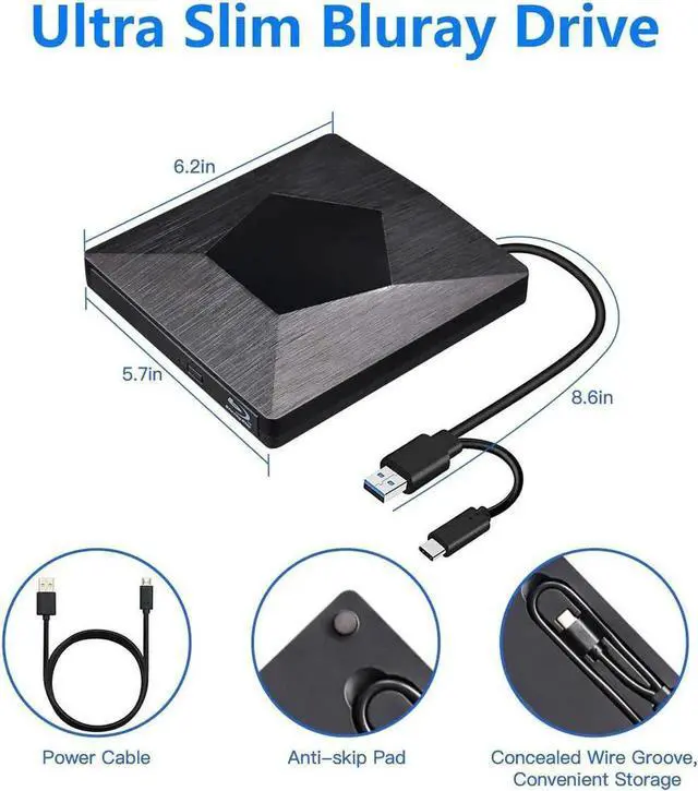 Alt view image 7 of 7 - [Upgraded] External Bluray Drive, 3D Blu Ray CD/DVD Burner Reader USB 3.0 and Type-C Blu-Ray Burner Writer Slim BD CD DVD Optical Bluray for Windows XP/7/8/10, MacOS for MacBook, Laptop, Desktop