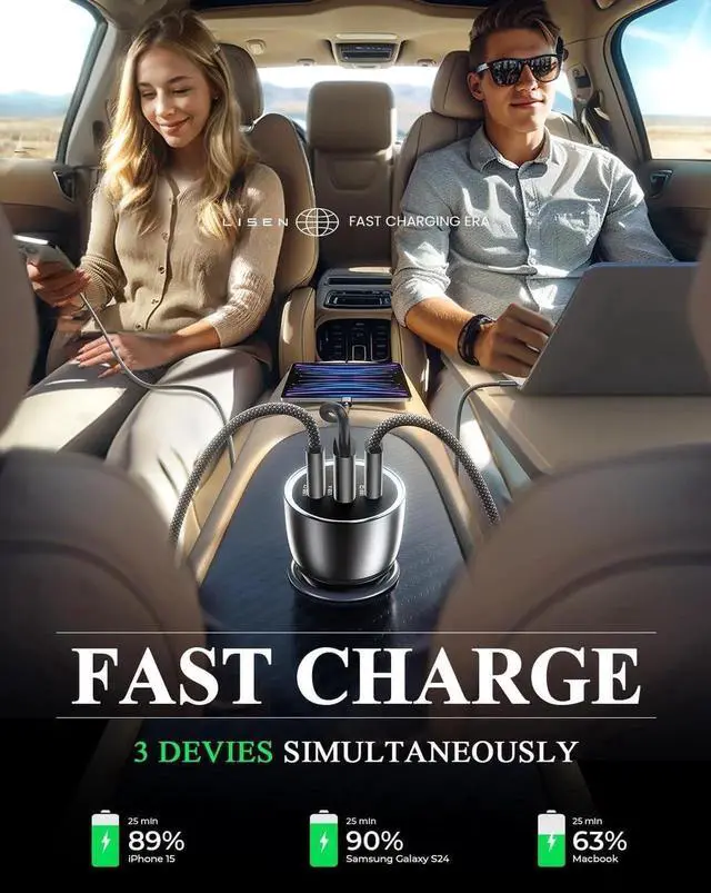 Alt view image 4 of 7 - LISEN 170W GaN Car Charger USB C Fast Charge PD3.1 140W 3 Port Super Fast Charging Car Charger Laptop for iPad Pro Air Cigarette Lighter Adapter Car USB C Charger for iPhone 15 Pro with Cable