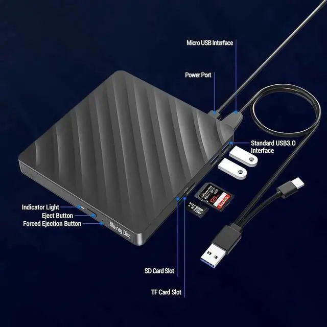 Alt view image 3 of 7 - 5 in 1 External Blu-ray CD DVD Drive, USB 3.0 Type-C Slim Optical Drive External Bluray DVD Burner with SD/TF Card Reader 2 USB 3.0 Hubs Compatible with Windows XP/7/8/10 MacOS Laptop and Desktop