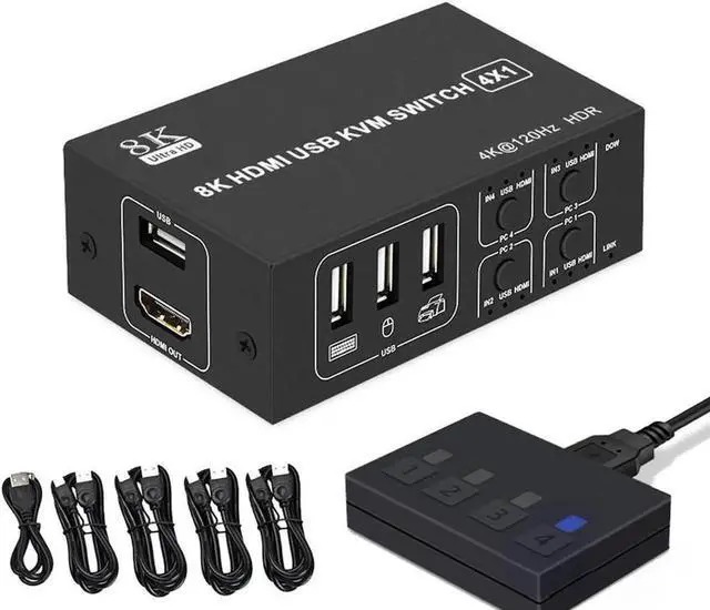 Main image of 4x1 HDMI KVM Switch 4 Port, 8K @60Hz 4K@120Hz HDMI USB KVM HDMI Switch Share 4 Computers with One Monitor One-Button Swapping, 4 in 1 Out KVM Switcher for PC Laptop with 4 USB Cables 1 Power Cable