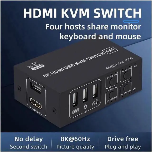 Alt view image 3 of 6 - 4x1 HDMI KVM Switch 4 Port, 8K @60Hz 4K@120Hz HDMI USB KVM HDMI Switch Share 4 Computers with One Monitor One-Button Swapping, 4 in 1 Out KVM Switcher for PC Laptop with 4 USB Cables 1 Power Cable