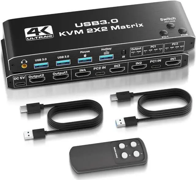 Main image of USB 3.0 HDMI KVM Switch 2 Monitors 2 Computers, HDMI Matrix 4 in 2 Out 4K 60Hz, HDMI KVM Switch for Dual Monitor, 4 Port HDMI Switcher Support USB 3.0,HDCP2.3, Hotkey,Extended with Remote Control