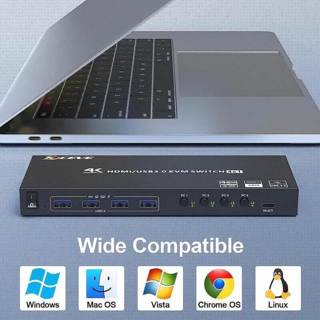 Main image of USB 3.0 KVM Switch HDMI 4 Port Support 4K @60Hz 2K @120Hz Simulation EDID, HDMI USB3.0 Switch for 4 Computers Share 1 Monitor with 4 USB 3.0 Port, with Desktop Controller and KVM Cables