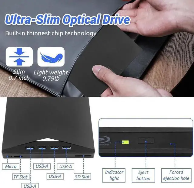 Main image of AUTYUE [7 in 1] External Blu-ray DVD Drive, USB 3.0 Type-C Blu Ray Drive Portable Blu Ray Burner Writer Slim DVD Burner, Portable 3D BD Player Bluray Drive for Laptop PC Mac-Book Windows 11 10, MacOS