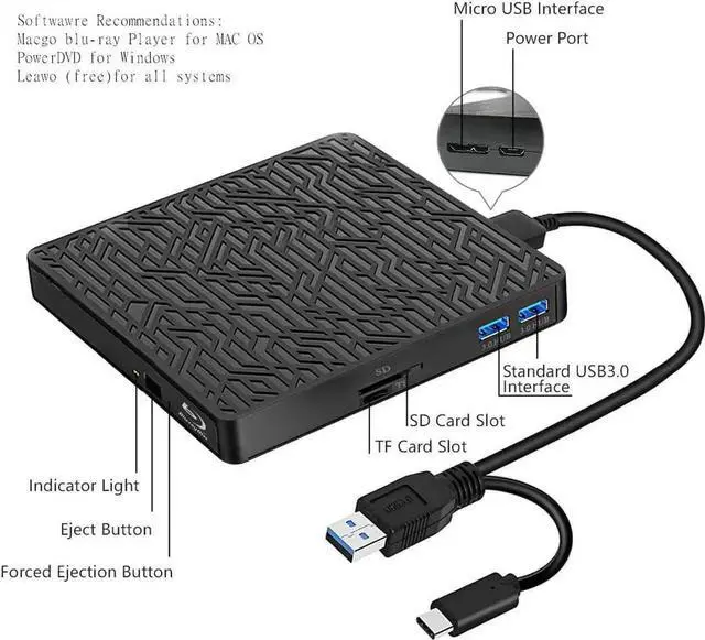 Main image of External Bluray Drive, 5 in 1 USB 3.0 & Type-C External CD/DVD Drive, External Blu Ray DVD Drive Burner with SD/TF Card Reader/2xUSB 3.0 Hubs for Laptop/Desktop PC Compatible with MacOS/Windows 10/8/7