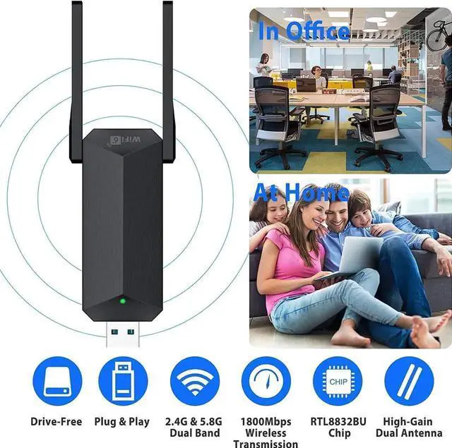Main image of USB WiFi 6 Adapter for PC, AX1800 USB 3.0 Dual Band Wireless Network Adapter with 2.4G/5G High Gain Antenna, 1800Mbps WiFi Dongle USB WiFi Adapter for PC Desktop Laptop Support Windows11/10 (Black)
