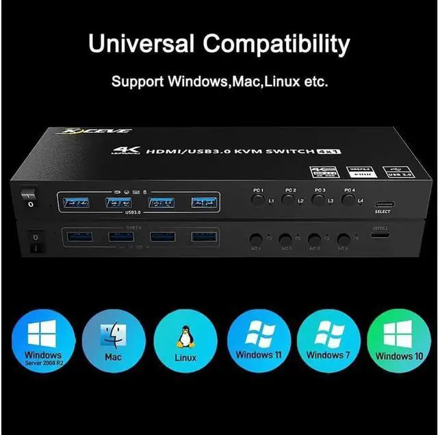 Alt view image 2 of 6 - KVM USB 3.0 Switch, 4 Ports HDMI KVM Switcher Selector Box 4 in 1 Out with EDID Emulator Function, Support 4K @60Hz Resolution for 4 Computers Share Mouse Keyboard and Monitor